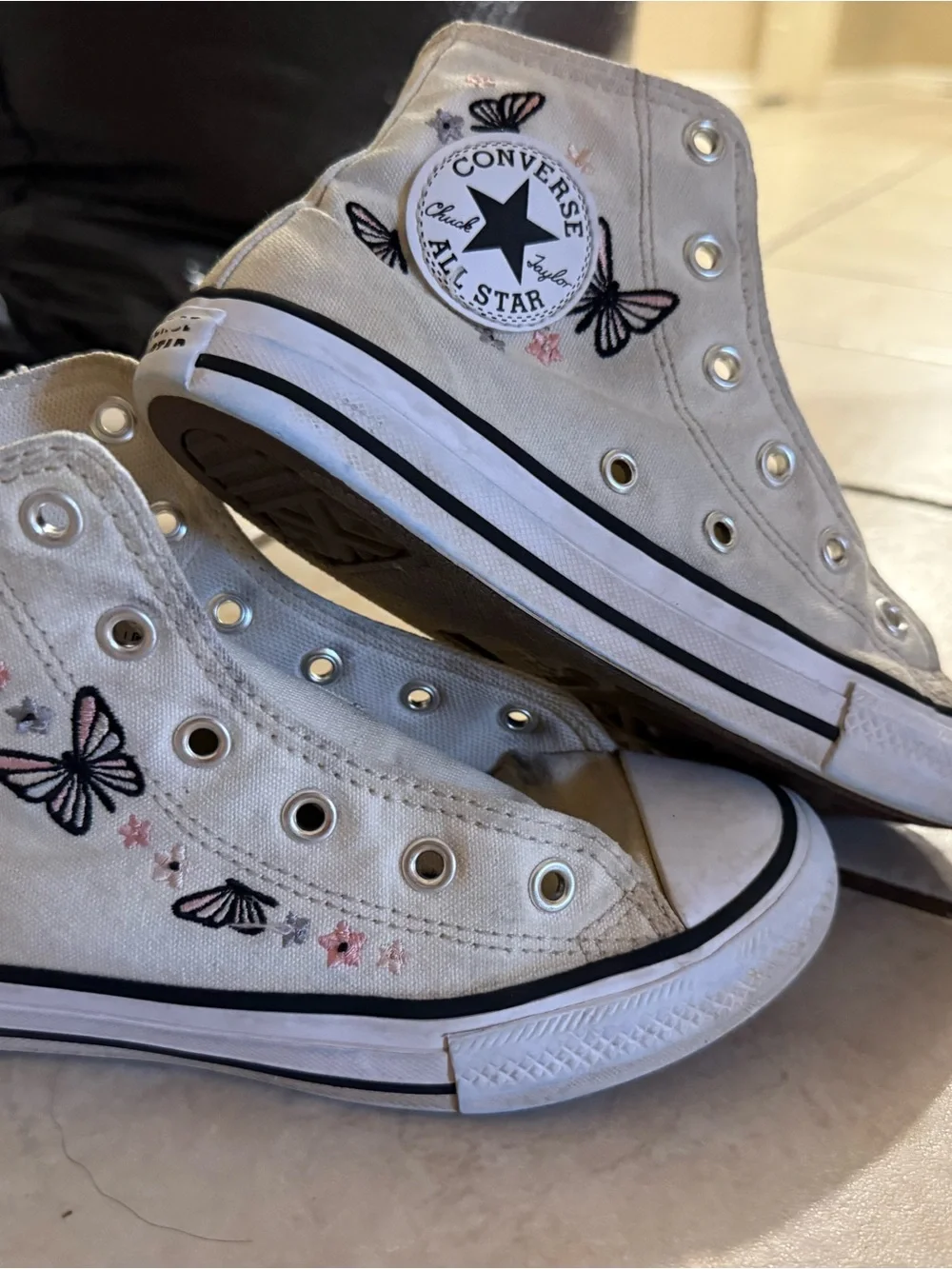 Converse Kids White High Top Sneakers with Pink & Black Butterfly Embroidery